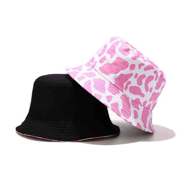 2022 di nuovo Modo Coreano Rosa Mucca Stampa Cappello Della Benna Delle Donne Reversibile Berretto Da Pesca Bob Chapeau Autunno Estate G220311