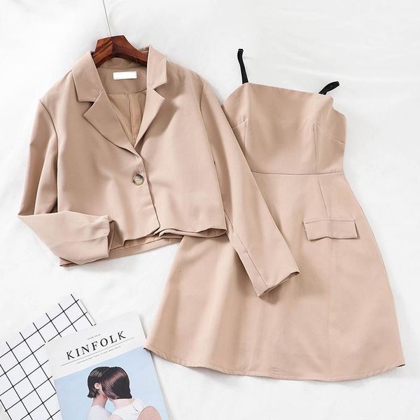 

2019 new fashion women's two piece set jacket suit+strap dress g7701, White
