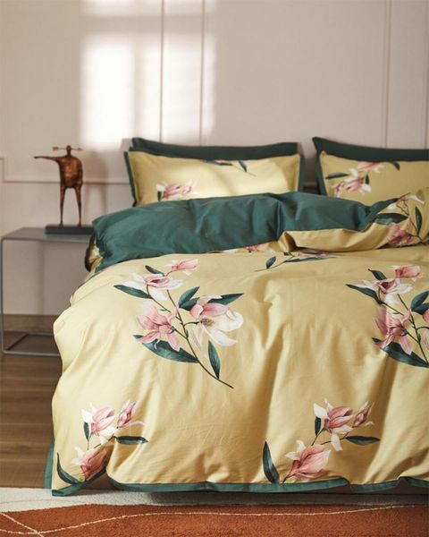 

traditional yellow pink floral bedding set girl,full  king 60s cotton double home textile bed sheet pillow case quilt cover