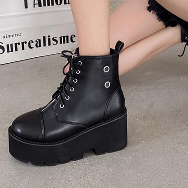 

boots bonjomarisa female solid lace up zipper ankle women thick bottom stylish design spring autumn shoes woman, Black