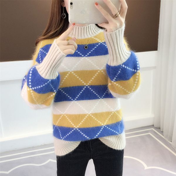 

female solid jumper knitted high neck argyle sweater women lantern sleeve turtleneck pullover korean style jumpers for lady 2020