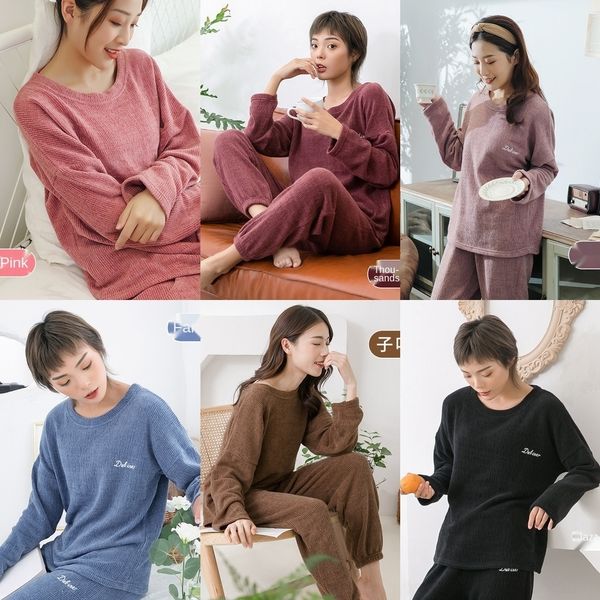 

lmxu1 home warm pullover clothes fairy warm pants pajamas set 2019 long sleeve round neck gak snow velvet pajamas women autumn and winter pu, Gray