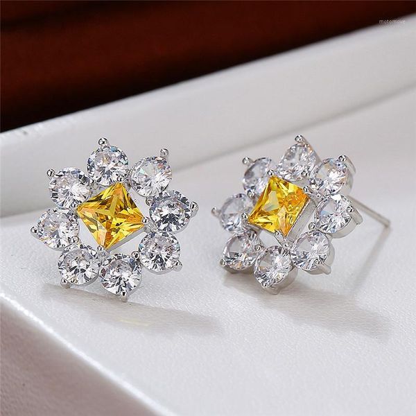 

korean female yellow square crystal earrings cute rose gold silver stud earrings for women dainty flower small wedding1, Golden;silver