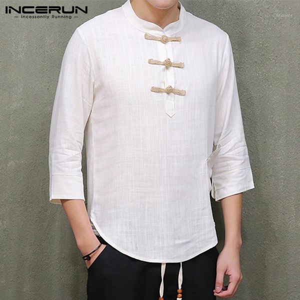 

vintage casual men shirt solid 3/4 sleeve chinese style button stand collar retro camisa cotton brand shirts men incerun 20191, White;black