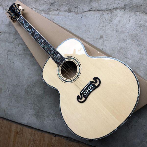 

new 2022 43" 6-string acoustic guitar. spruce veneer and tiger maple back and sides, abalone shell binding, rosewood fretboard.