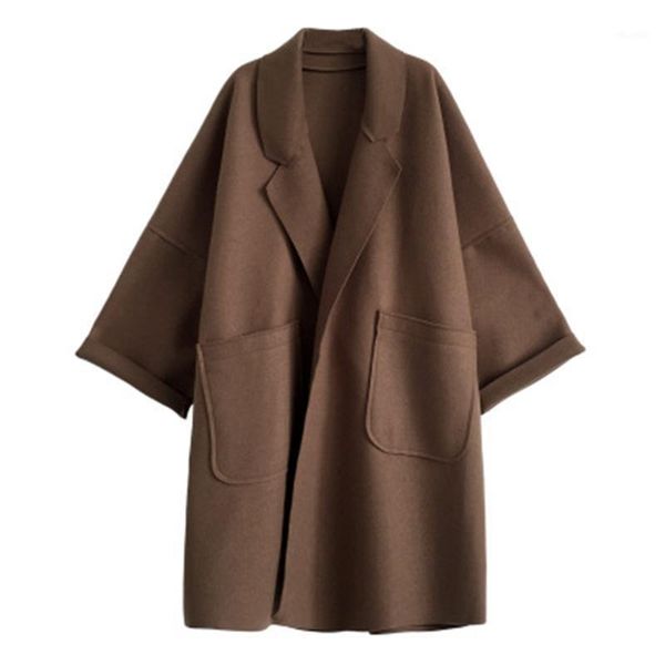 

2020 new winter women wool coat loose overcoat lady trendy long blends coat streetwear pockets long sleeve female outerwear1, Black