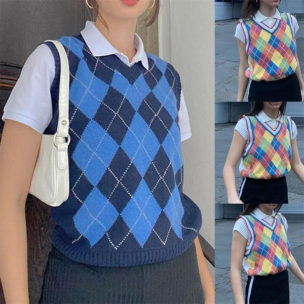 

autumn sweater vest casual style knitwear rainbow y2k knitted argyle plaid tank sweater ladies women streetwear crops 1, Black;white