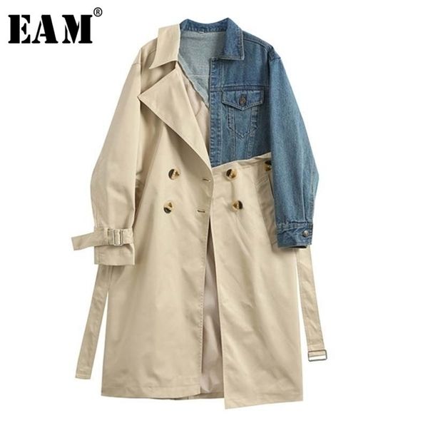 

[eam] 20120 new spring autumn lapel long sleeve khaki hit color denim stitcing loose sashes windbreaker women fashion tide jh638 201225, Tan;black