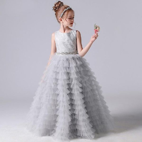 Vestidos da menina longos meninas formais princesa vestidos 2022 flor de flor em camadas para o casamento festa de noite tule vestido de dama de honra júnior
