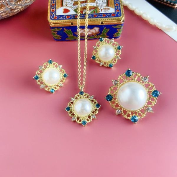 

square emerald green water drill pearl brooch 925 silver needle ear clip necklace earring cove