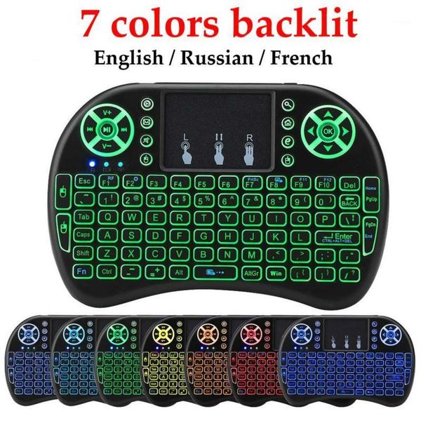 

7-color backlit air mouse 2.4g mini wireless keyboard tv remote control english/russian/spanish/french keyboard lithium battery1