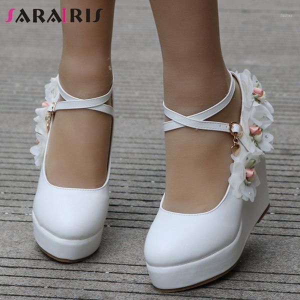 

sarairis elegant platform pumps women sweet flower bridal pumps ladies fashion autumn super high wedges shoes1, Black