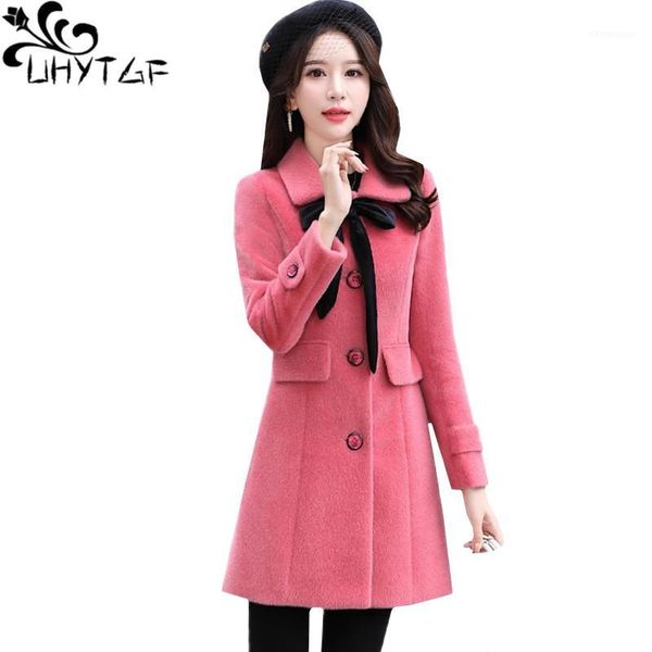 

uhytgf women wool coat mid-length casual autumn winter coat single-breasted slim quality woolen jacket 3xl plus size genuine 7061, Black