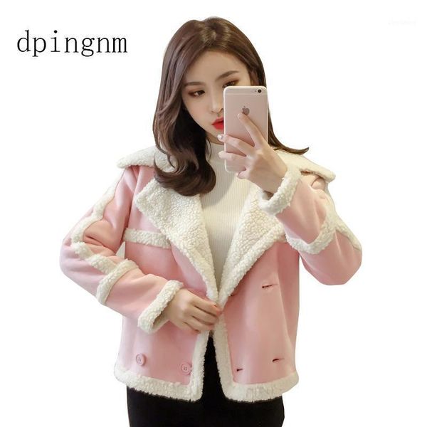 

loose lamb faux fur jacket coats women winter double breasted plush teddy bear coat warm fur overcoat veste fourrur1, Black