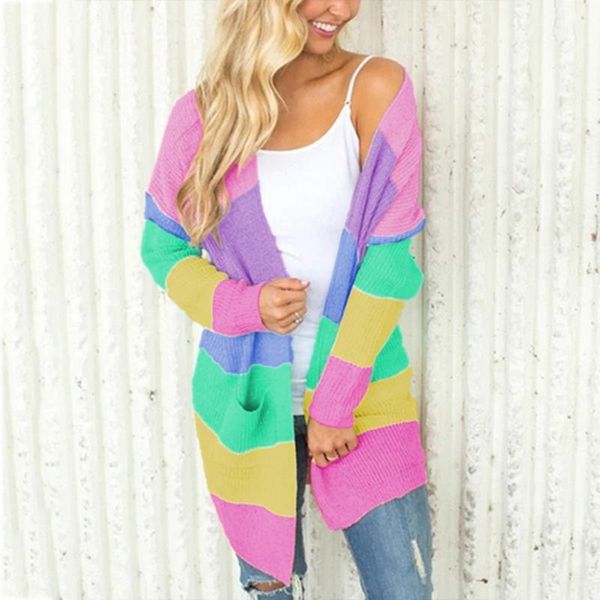 

autumn sweater women long sleeve patchwork knitted open front rainbow striped cardigan women coat sueter mujer invierno 20211, White