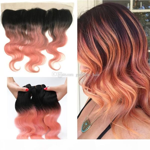 

ombre цвет 1b rose gold body wave ткет волос с кружева фронтальная ombre rose gold pink lace фронтальным с уток волос extension, Black