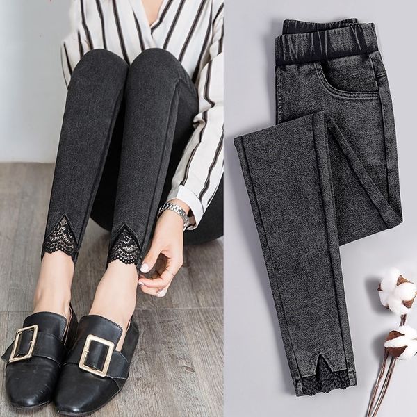 

lace skinny jeans woman new autumn fashion boyfriend washed elastic denim trousers pencil slim capris pants imitation jean femme 201029, Blue