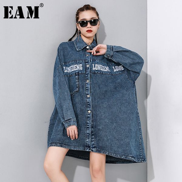 

[eam] loose fit letter print denim big size asymmetrical jacket new lapel long sleeve women coat fashion tide spring 1n890 201028, Black;brown