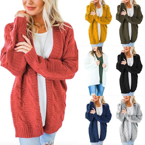 

women knit cardigan sweater long sleeve open front 2021 chunky coat pointelle knitted winter knitwear femme de moda, White;black