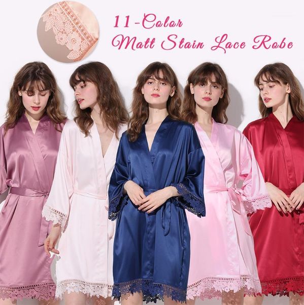

silky women lace bath robe matt satin bride bridesmaid mother with lace robe bridal robes wedding party gifts bathrobe dress1, Black;red