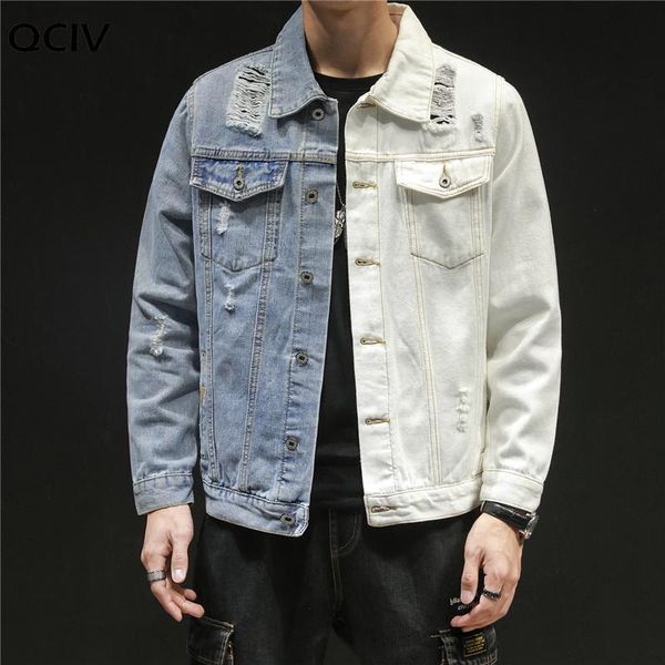 

men hip hop blue white patchwork slim jeans jackets streetwear male solid color cotton casual denim jacket plus size 5xl, Black;brown
