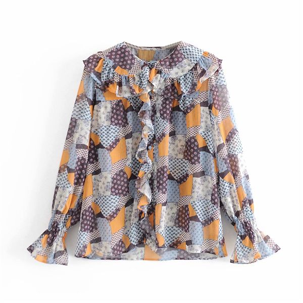 

2021 new streetwear women chiffon ruffles shirts fashion ladies patchwork print female o-neck puff sleeve blouse mvm6, White
