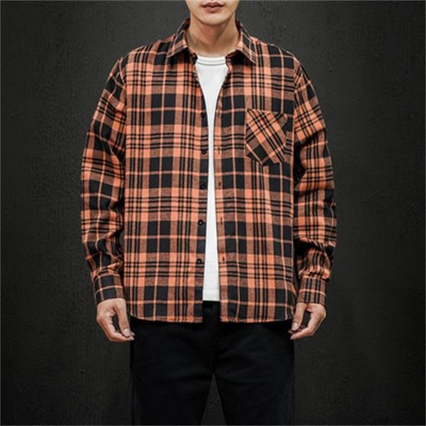 

2021 brand spring autumn long sleeves new flannel collar korea style shirt for men's plaid harajuku clothing djcg, White;black
