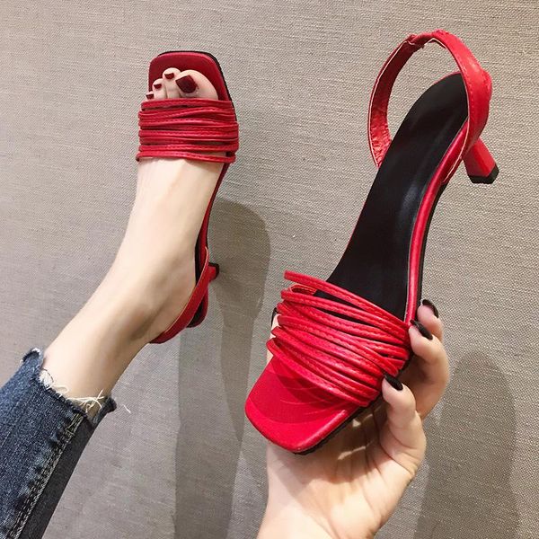 

women's shallow mouth high-heeled sandals 2021 new fashion open-toe thin strap sandals low-heeled shoes, Black