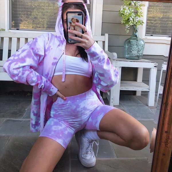 

tie dye печати вскользь куртка женщин осень с длинным рукавом пальто дамы карманы харадзюку с капюшоном streetwear одежда, Black