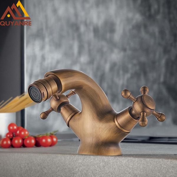 

quyanre antique brass bidet shower basin faucet dual cross handles cold water mixer tap lead-spout toilet water tap