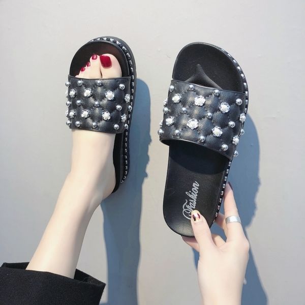

summer square pearl slippers slide mom beach slides slip on sandals women shoes flip flops comfortable y200423, Black