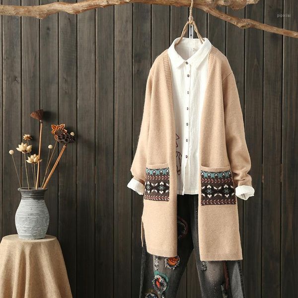 

women sweater autumn winter 2019 cardigan national v-neck long coat loose knit plus size women coat yoyikamomo1, White