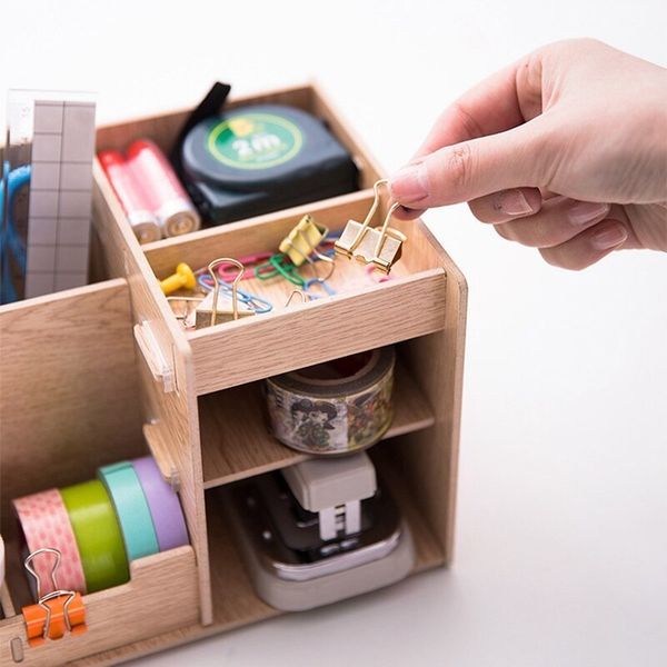 

storage case wood box desk pencil multi-function deskpen office school stationery organizer phone holder