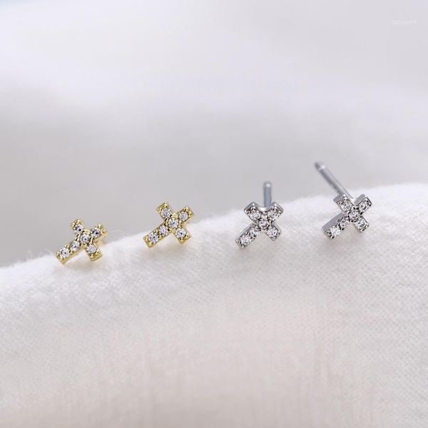 

925 sterling silver earring fashion zircon cross letter asymmetry star moon stud earring personality cute women girl ear jewelry1, Golden;silver