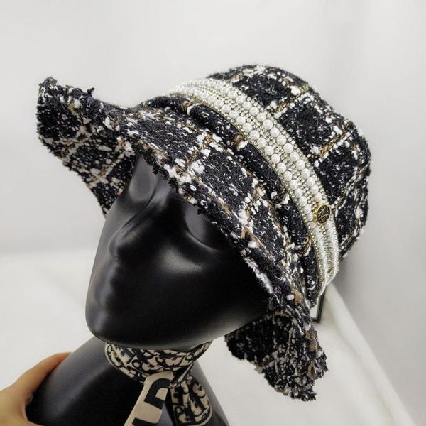 

марка мода рыбак шляпу женщины plaid tweed bucket hat с мини блестки дамы black проверки шляпы с raw edges женские шапки, Blue;gray