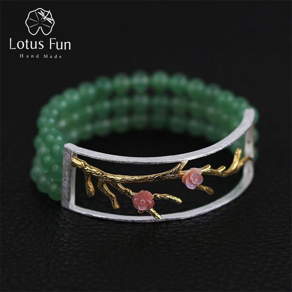 

lotus fun real 925 sterling silver natural aventurine handmade fine jewelry vintage plum blossom beads bracelet for women 1028, Black