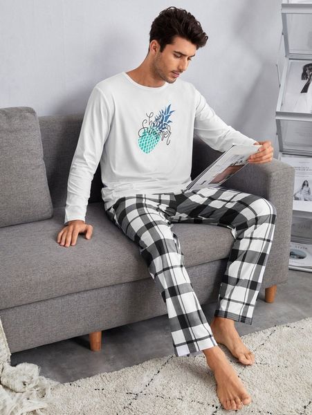 

men letter and fruit print tee & gingham pants lounge set j6nz#, Black;brown