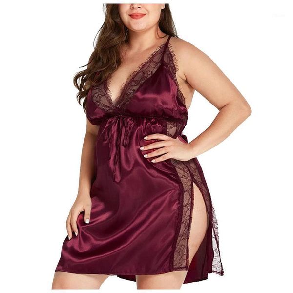 

plus size women nightdress nightwear perspective lace patchwork split hem night dress overszied sleeping dress sleepwear1, Black;red