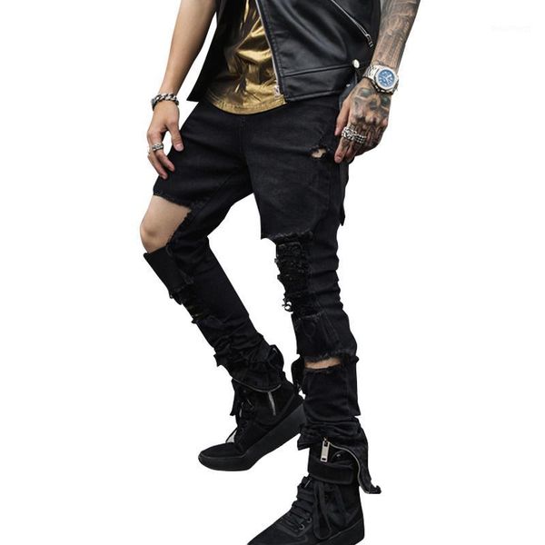 

2020 new hip hop sweatpants skinny jeans men motorcycle denim pants streetwear zipper hole black jeans man casual trousers1
