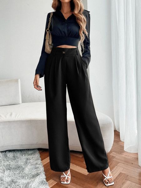 

high waist slant pockets wide leg pants v4ti#, Black;white