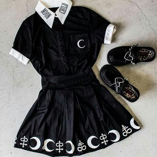 

gothic blouse black moon child print short sleeve loose casual female shirts plus size s-5xl darkness summer chic goth blouses, White