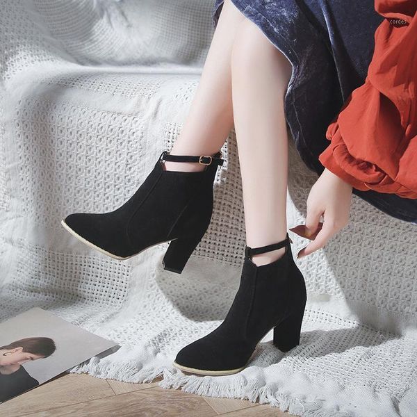 

boots solid color womens fashion square heel basic casual concise elegant high-heeled shoes big size 34-43 o3-981, Black