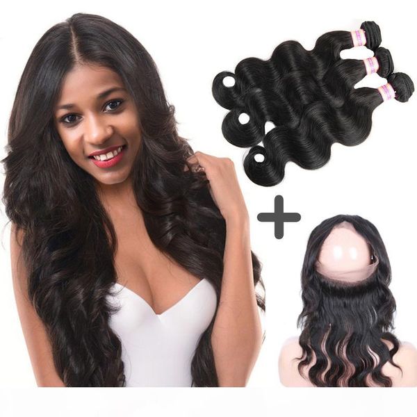

pre plucked 360 frontal with bundles peruvian indian malaysian brazilian virgin body wave hair weaves human hair 360 lace frontal, Black