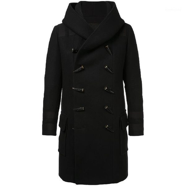 

men's woolen coat, hood, horns, british style, mid-length, classic, literature and art1, Black