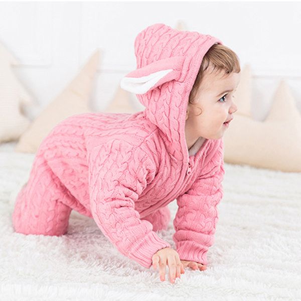 

iyeal new arrival cute rabbit ear hooded thick warm knitted baby rompers infant girl boys jumpers kids toddler outfits clothes 201030, Blue