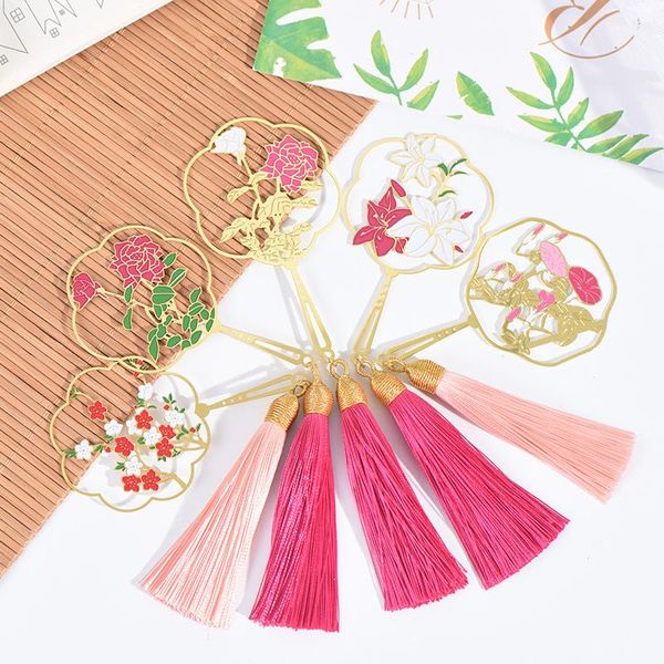 

retro flower fan metal bookmark chinese style tassels pendant book mark for children student gift school office supplies