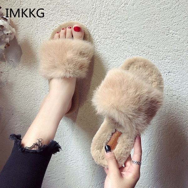 

winter slippers women house indoor home slippers spring plush fur slippers casual fur slides flip flops flat shoes woman v428 y200107, Black