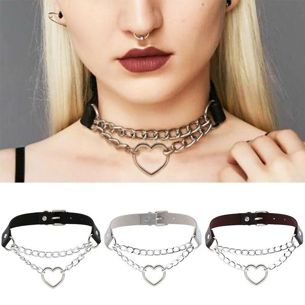 

chains trendy punk gothic leather heart studded choker necklace vintage charm round collar necklaces women jewelry gift, Silver