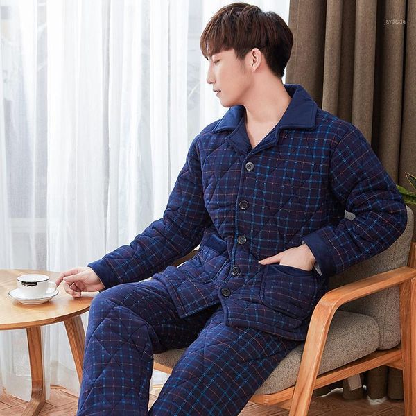 

new arrival men cotton quilted pajama sets winter men pajama sets 3 layers thick warm male sleepwear long sleeve lounge set1, Black;brown
