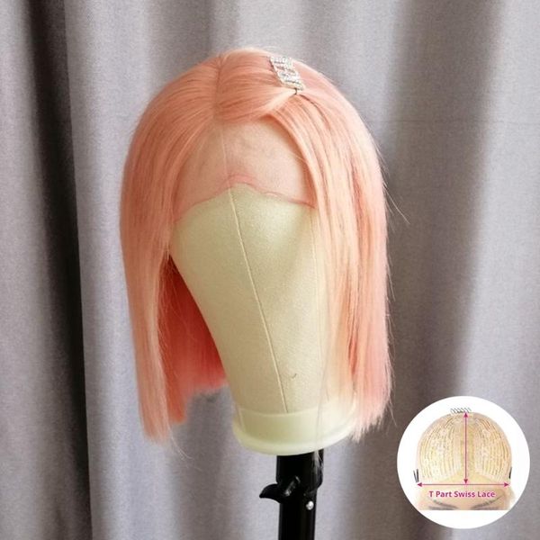 

150% density light pink bob t part lace wigs human hair 13x1 pre plucked short bob brazilian remy for black women, Black;brown